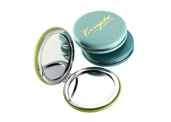 กระจกพับ PU ส่งเสริมการขายแบบพับได้ Gold Stamping Pocket Makeup Mirror